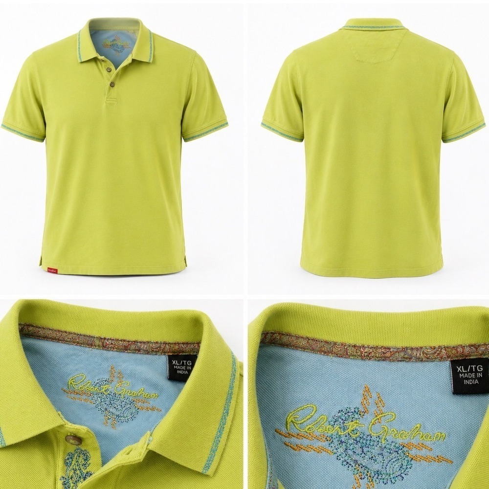 Robert‎ Graham Mens Lime Green Cotton Short Sleeve Polo Shirt XL Paisley Trim
